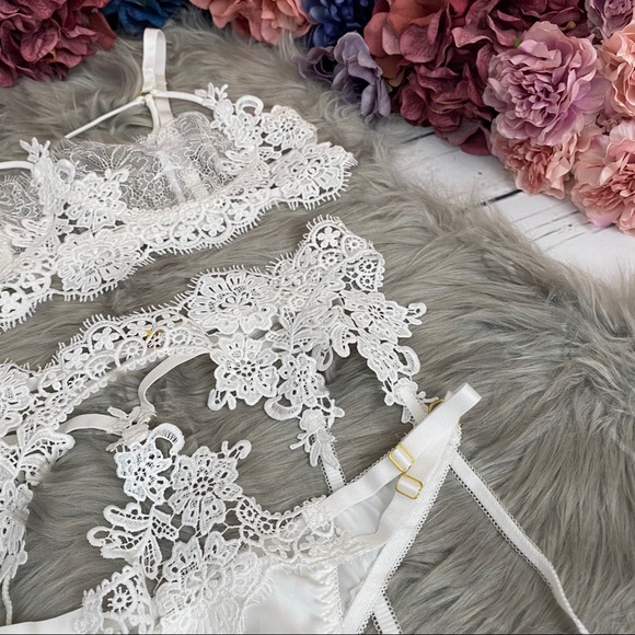Intimates Sleepwear Pcs White Lace Bra Panty Garter Belt Lingerie Set Poshmark